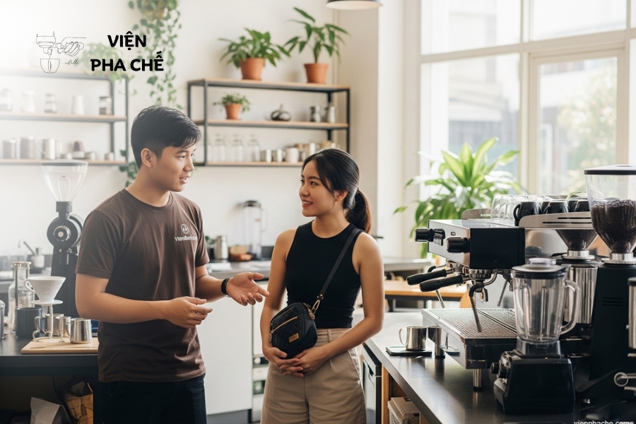 Học viên thực hành làm topping trà sữa dưới sự hướng dẫn của giảng viên